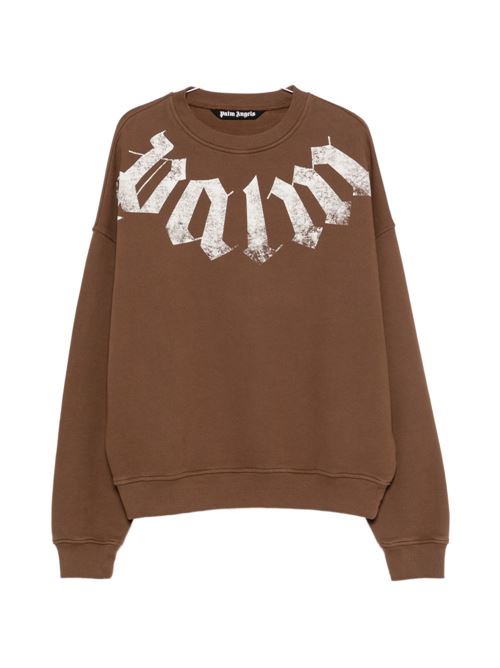 Felpa girocollo Palm Angels da uomo marrone con maxi logo bianco ad arco PALM ANGELS | PAMBA004FL0016003